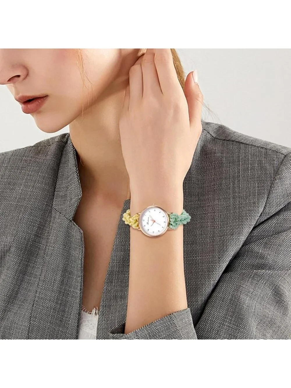 Women's Yellow Green Analog Stretch Band Elastic Colorful Weave Rope Wrist Watch